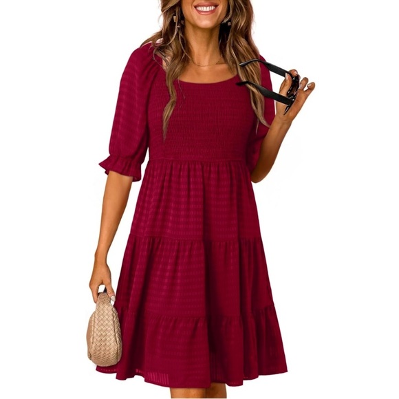Red Square Neck Smocked Ruffle Puff Short Sleeve Casual A-Line Babydoll Dress - Picture 1 of 5